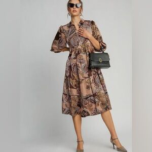 Umgee Flowy Brown Midi Dress with Notched Collar and 3/4 Sleeves
